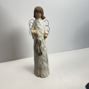 Vintage Primitive Folk Art Angel Figurine Wire Wings Holding Stocking Ceramic